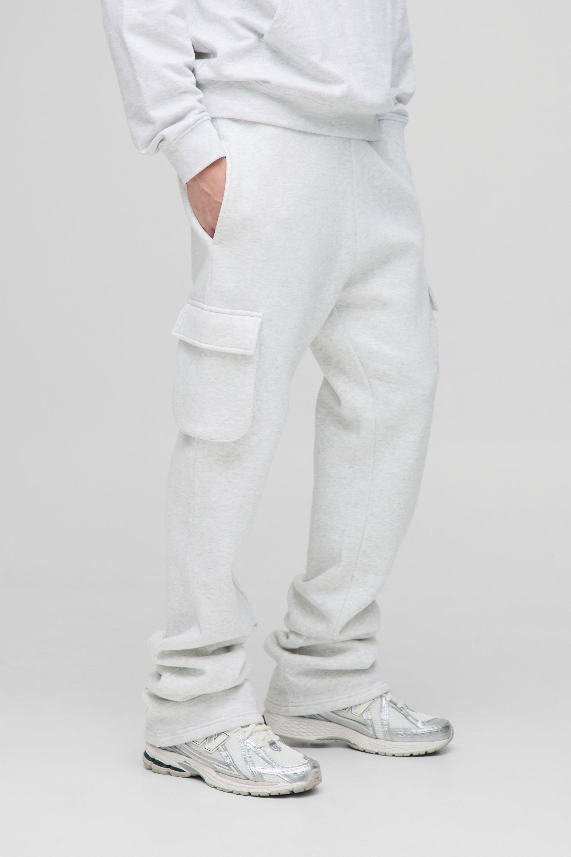 Mens Grey Tall Slim Stacked Flare Cargo Joggers, Grey